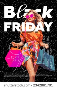 Black Friday promo trendy placard with beautiful woman in shopping mall. Sale and discount poster with advertising text. Creative typography and abstract background print. Fashion cover vector design