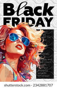 Black Friday promo trendy placard with beautiful woman on abstract geometric background. Sale and discount poster with advertising text. Creative typography print. Fashion shopping cover eps template