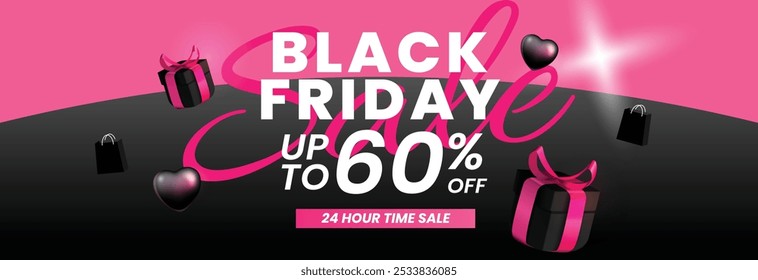 Black Friday promotion banner design. The design includes gift boxes, shopping bags, and heart-shaped elements, all in black with pink accents. The overall aesthetic is modern and sleek.