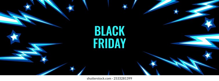 Black friday promotion banner. Sale cover Poster template with lightings and stars. Commercial discount event. Vector illustration