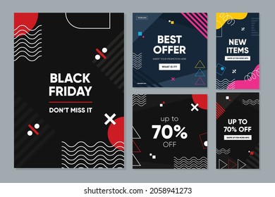 Black Friday Promotion collection banner set with abstract geometric concept. Able to use for cover book, banner, brochure, story, social media post and feed template