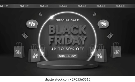 Black Friday promotion featuring a glowing ring and shopping bags. Ideal for discount campaigns, ecommerce banners, and holiday sales, conveying urgency, savings, and modern retail energy.
