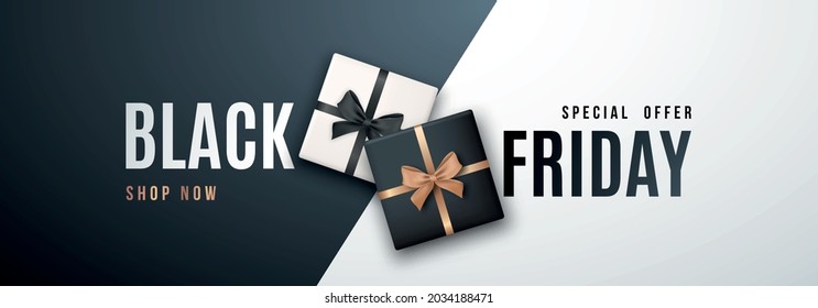 Black Friday Promotion Horizontal Banner. Template of gift boxes over black and white background. Design for poster, banners, flyers, web.