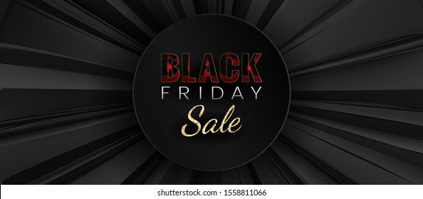 Black Friday promotion sale on abstract black 3d polygonal geometric shining burst vector banner background