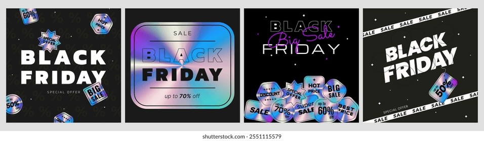 Plantilla de promoción de Black Friday en conjunto para Anuncio, alimentación, fondo y anuncios. Estilo de pegatina contemporánea de moda. Vector