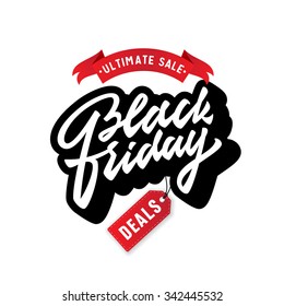 Black Friday. Promotional badge sign label symbol. Vintage Brush Script Lettering.Great way to spread the word about your business,special offers,discounts,deals,bargain etc. Vector Illustration.