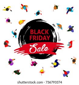 Black friday promotional banner, top view people walk and run to sale event, vector template