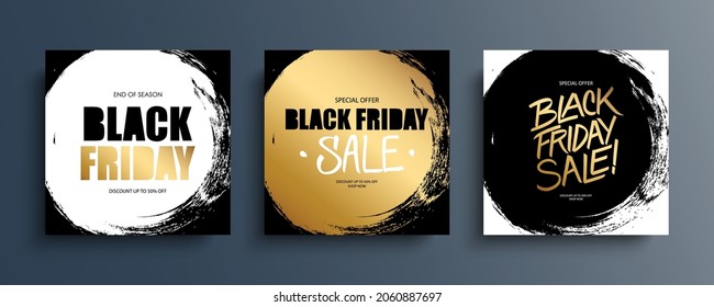 Black Friday promotional cards with circle brush strokes for commercial events, discounts, black friday shopping, sale promotion and advertising. Black, white and gold. Vector illustration.