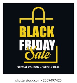 Black Friday promotional poster featuring bold text in yellow and white on a dark background, ideal for marketing materials and seasonal campaigns for holiday shopping and discounts.  