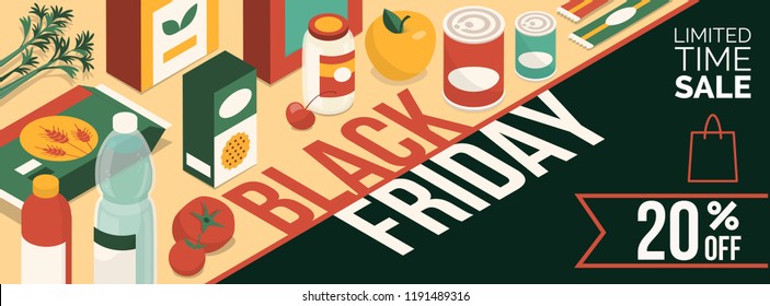 Black friday promotional sale banner with products and discount: grocery shopping and food