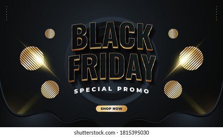 Black Friday promotional sale banner with abstract object in black and gold concept