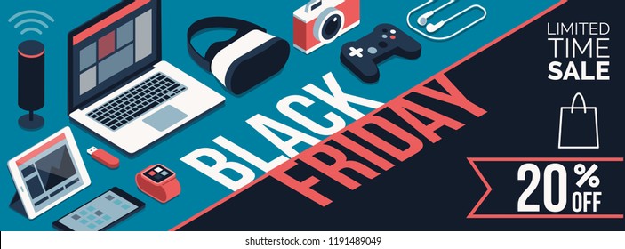 Black friday promotional sale shopping banner with products and discount: electronics, computers and touch screen devices