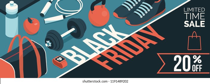 Black friday promotional sale shopping banner with products and discount: sports and workout equipment