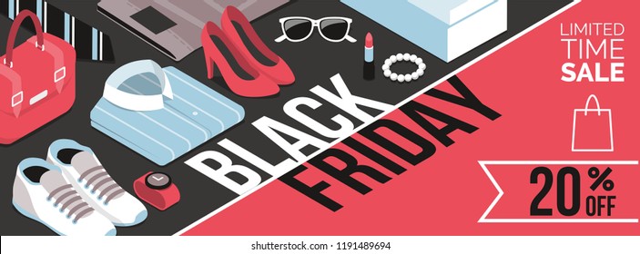 Black friday promotional sale shopping banner with products and discount: fashion, clothing and accessories