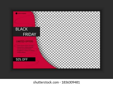 Black Friday. Promotional Store Mockup With Place To Place Photos Of Your Own Products. Business, marketing, new product announcement, new collection, button, learn more. vector image.
