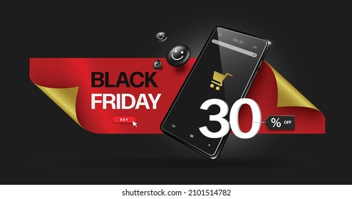 black friday promotional text and smartphone on red gold ribbon 
and 30% off text on smartphone for online shopping concept,vector 3d for discount advertising template design