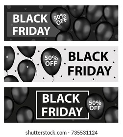 Black Friday promotional web banner with black realistic balloons. Modern, trendy Template for your design Border, flyer. Special offer, discounts. Vector illustration