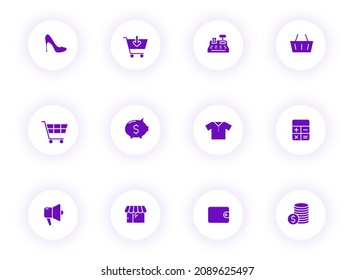 black friday purple color vector icons on light round buttons with purple shadow. black friday icon set for web, mobile apps, ui design and print