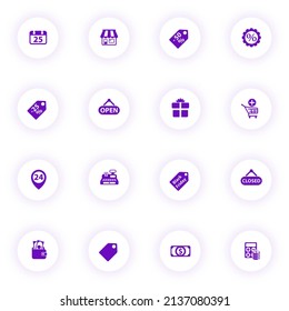 iconos vectoriales color púrpura negro de viernes en botones redondos claros con sombra púrpura. juego de iconos de viernes negro para web, aplicaciones móviles, diseño ui e impresión