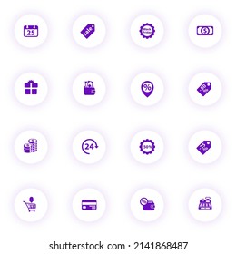 black friday black purple color vector icons on light round buttons with purple shadow. black friday icon set for web, mobile apps, ui design and print