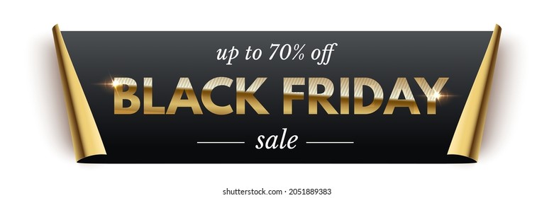 Black friday realistic banner, paper coupon with curved edges vector illustration. Premium discount offer promotion, luxury gold black friday text, rolled golden sheet with shadow isolated on white