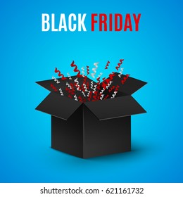 black Friday. A realistic black box on a light blue background. Flashing ribbons, tinsel, candy, ornaments. Explosion of a dark box. Place for your projects. Web illustration