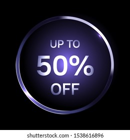 Black friday realistic button in metal round frame. Sale text composition. Metallic textured ring. Vector illustration. 50 percent discount poster, sign. Bright blue template for web and print icon.