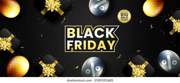 Black Friday mit realistischer Geschenkbox und Ballons. Begrenzte Zeit Banner Hintergrund für Black Friday. Futuristisches Black Friday Banner Design.
