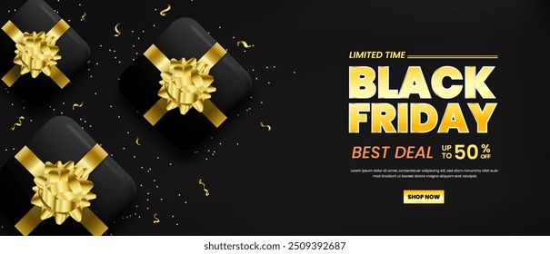 Black Friday with realistic gift box and confetti. Limited time banner background for Black Friday. Futuristic Black Friday banner design.