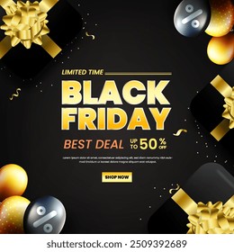 Black Friday con caja de regalo realista y globos. Fondo de Anuncio de tiempo limitado para Black Friday. Diseño futurista de Anuncio Black Friday.
