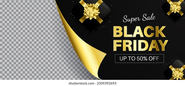 Black Friday con caja de regalo realista. Fondo de Anuncio de tiempo limitado para Black Friday. Diseño futurista de Anuncio Black Friday.

