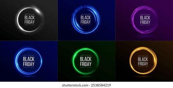 Black Friday. Realistic neon glowing round frame. Holiday banner with discount. Light neon round frame. Neon line light curve effect. Glowing blue circle. Super sales