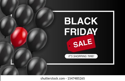 Black Friday. Rectangular banner with glossy black and red balloons and volumetric tag with the inscription "Sale" on dark background. Vector concept for business, discount, promotion and sale poster.