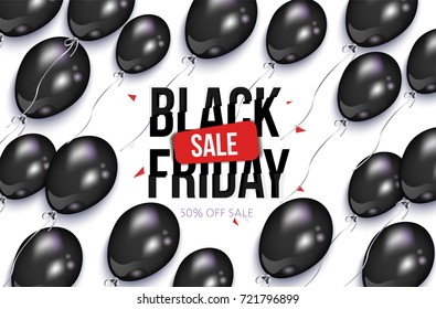 Black Friday rectangular horizontal sale banner, flyer design with balloons, vector illustration on white background. Black Friday sale banner, flyer, poster template