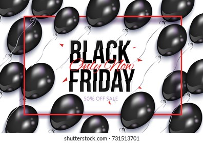 Black Friday rectangular horizontal sale banner, flyer design with balloons and frame, vector illustration on white background. Black Friday sale banner, flyer, poster template