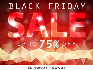 Black friday red background in low poly style. Triangle geometrical background with lights and bokeh. Vector eps10.