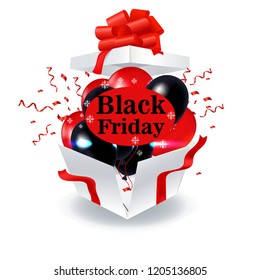 black Friday red and black balloons in open gift box, vector 3D