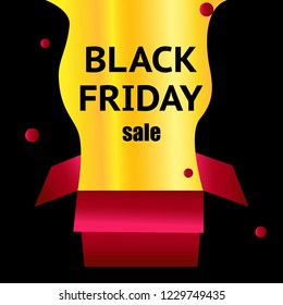 black Friday. Red box on a light black background. Flashing ornaments. Explosion of a gold box. black text on the box. Web illustration
