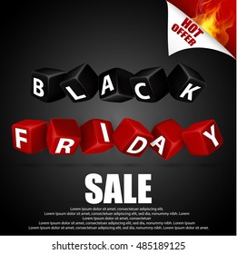 Black friday with red and black cubes on black background .Vector illustration