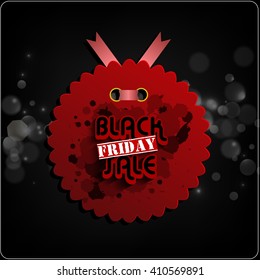 Black Friday red label with ribbons on black background.Vector