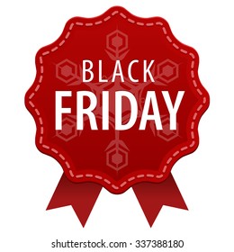 Black Friday red label with a seam and ribbons icon isolated on white background. Thanksgiving day, Christmas Sale Offer. Vector illustration