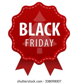 Black Friday red label with a seam and ribbons icon isolated on white background. Thanksgiving day, Christmas Sale Offer. Vector illustration