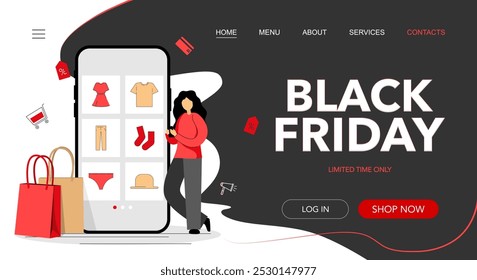 Black Friday red landing page template with character and shopping with mobile phone