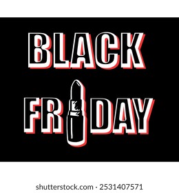 Black Friday com batom vermelho sobre fundo preto. Design moderno com tipografia em preto, branco e vermelho. Ilustração de vetor criativo para marketing. Adequado para cartão, fundo, banner, cartaz, etc.