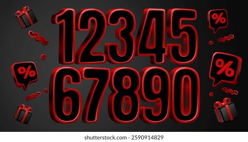 Black Friday Red numbers, volumetric symbols, set of numbers for sale. Vector illustration 