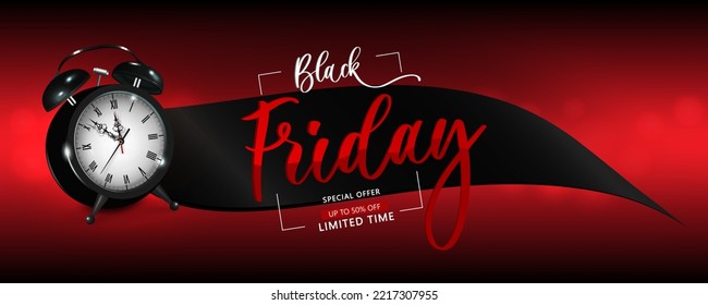 Black Friday in red on a black ribbon with an alarm clock. Holiday sale illustration, discounts. Vintage design for purchase.