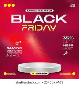 Viernes negro rojo rosa gradiente de fondo póster de Anuncio social media descuento venta con escenario de podio de círculo blanco