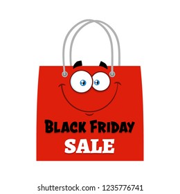 Black Friday Red Shopping Bag Cartoon Character With Text. Vector Illustration Flat Design Isolated On White Background