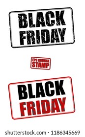 Black friday red and black text grunge rubber ink postage stamp isolated on white background. Grungy vector stencil sticker illustration. Retro shabby poster.  Vintage rectangular tag template.