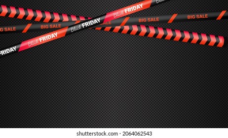 Black Friday red warning tapes, ribbobs. Template for black Friday sale. Background with danger tapes, police ribbon sign variation. Vector illustration